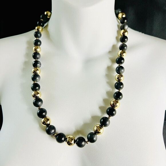 Vintage Black Gold Tone Lucite Statement Beaded Beads Pretty Necklace 1074 - Picture 1 of 9